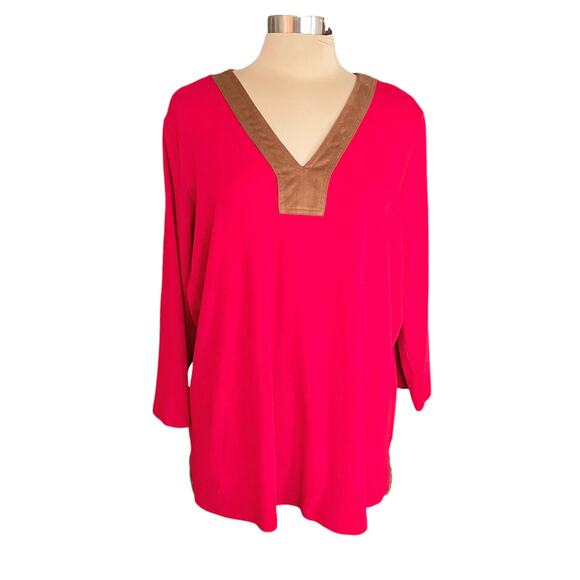 Lauren Ralph Lauren Red Knit Top Suede Contrast Details Size XL Fall Equestrian - Picture 1 of 7